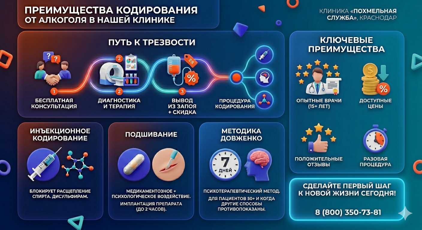 Инфографика о методах кодирования от алкоголя в Сергокале: инъекции, подшивание, метод Довженко. Преимущества клиники и этапы лечения.