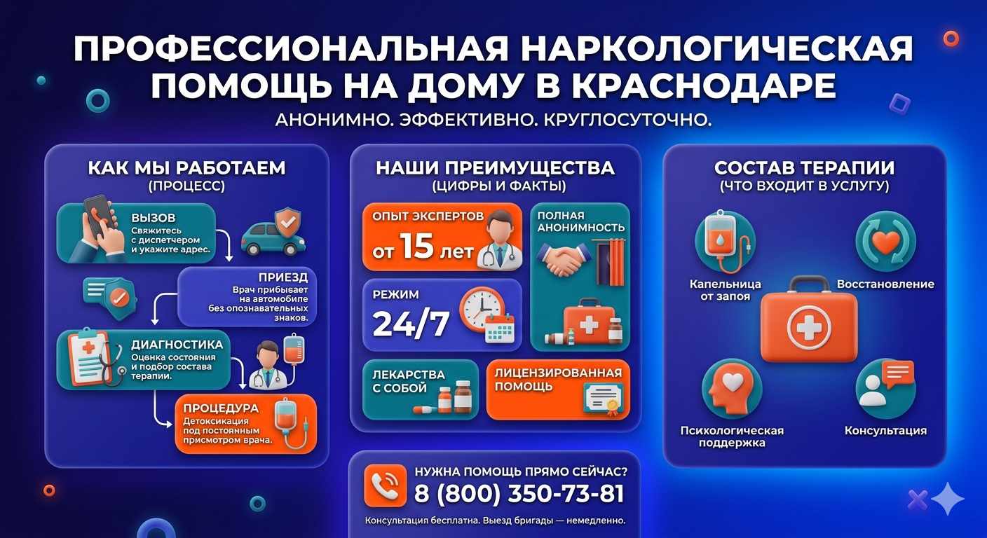 Инфографика о принципах лечения алкоголизма на дому в Сергокале: этапы вызова нарколога, преимущества анонимной детоксикации и состав медицинской помощи.
